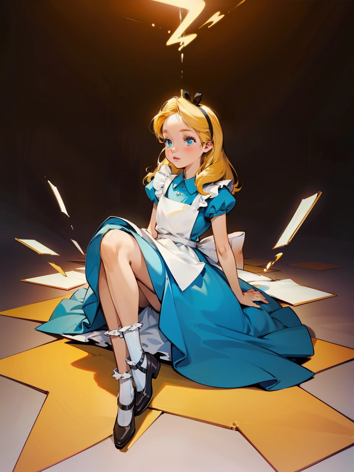Masterpiece, 1 girl, Alone, turn her into a sexy Alice in Wonderland with blonde hair, light blue dress with white ?????, White socks, neckline, dynamic, ultra high definition, 32k, (perfect ???????:1.5), perfect legs, in the style of Artgerm and Adam Hughes, perfect arms, Sitting、Staring at me、口を開けて笑う、
