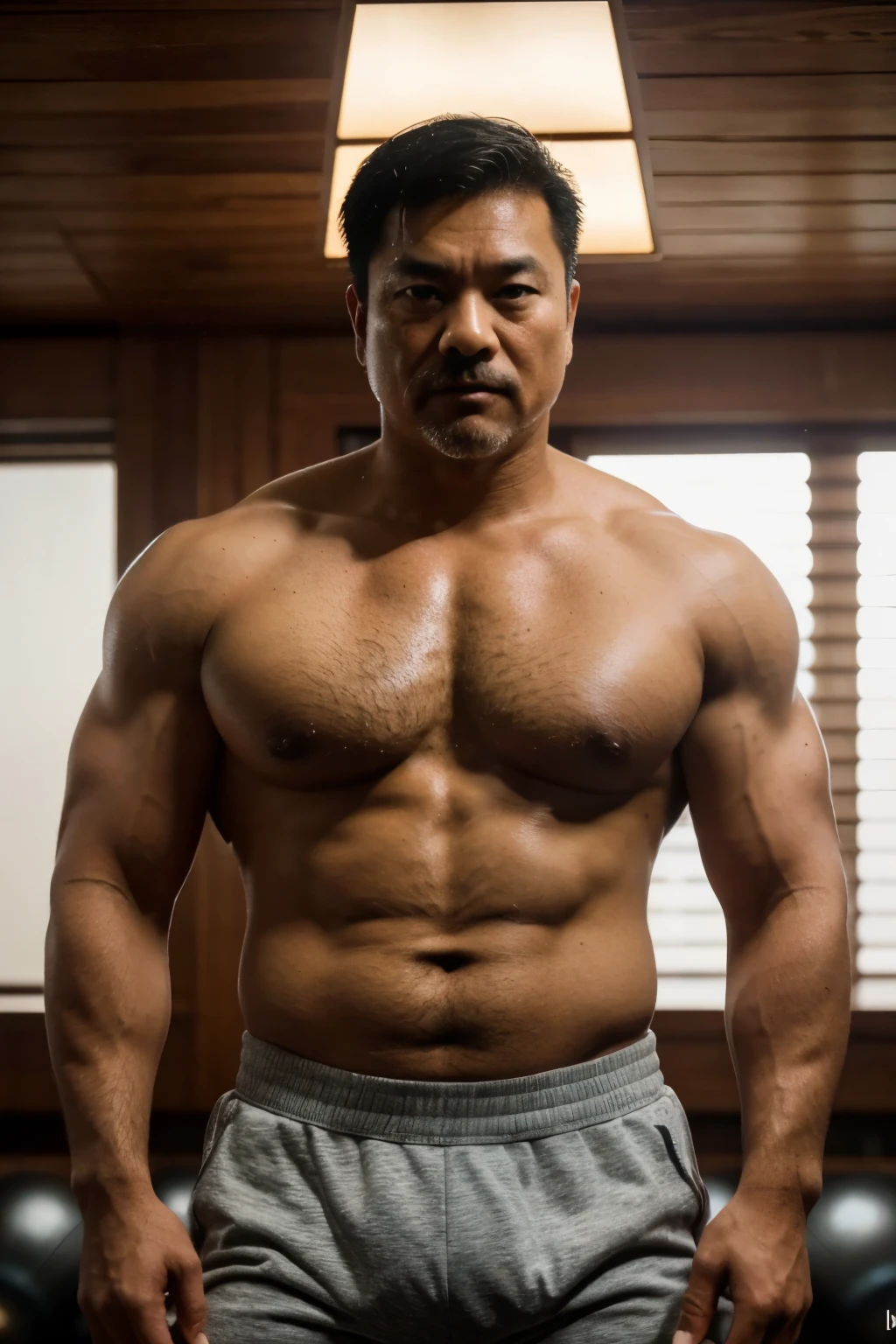 A wild plump chinese uncle man, (55 years old daddy:1.1), 1boy, Solo, handsome, nerdy, stubbles, small eyes, detailed eyes:1.1, big round face shape, (Detailed face:1.3), short hair, (Best quality, A high resolution, Photorealistic), Masterpiece, in the gym, RAW photo, Intricate details, hdr, depth of field, full body shot, macho, sweat, manliness, short trunk, bear style, masculine, height: 170cm, bulge, shirtless, tough man, real man, beefcake, muscular, jacked, hunk, thick body