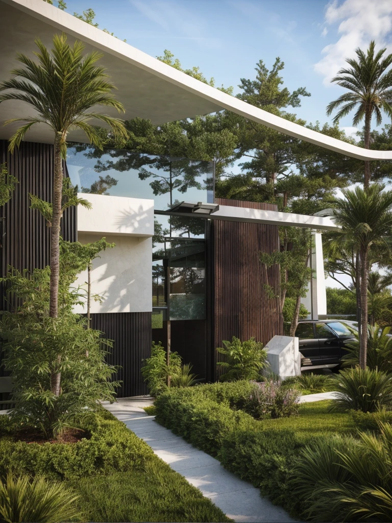 (masterpiece),(high quality), best quality, real,(realistic), super detailed,(full detail),(4k),8k,modern house exterior design,Modern architecture,Beautiful_sky,Day_light, no_humans, outdoors,sky,Tropical_trees,Garden_flower_front_of_building,