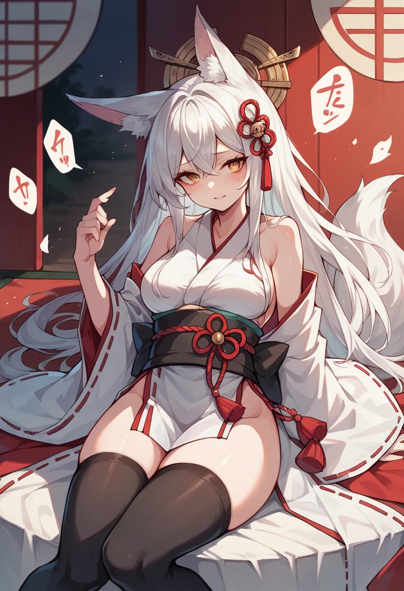 NSFW,Japanese girl,White Hair,Fox ears,A very revealing shrine maiden outfit,black tights