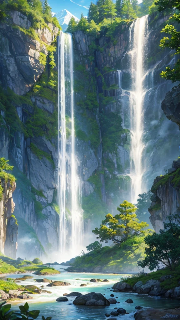 Create a hyper-realistic digital painting of a serene natural landscape. The scene should feature multiple cascading waterfalls flowing into a crystal-clear turquoise river. Surround the waterfalls with lush, dense greenery, including various shades of green to depict different types of foliage. In the background, include tall, majestic mountains with some snow-capped peaks. The sky should be bright blue with fluffy, white clouds scattered across it. Ensure the lighting highlights the vibrancy of the foliage and the clarity of the water, giving the entire scene a tranquil and refreshing atmosphere
