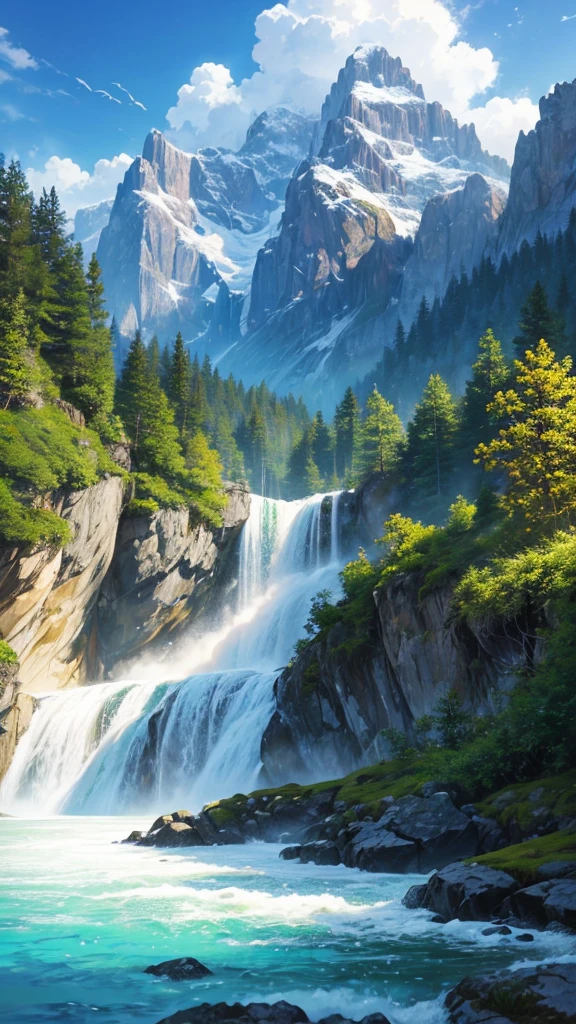 Create a hyper-realistic digital painting of a serene natural landscape. The scene should feature multiple cascading waterfalls flowing into a crystal-clear turquoise river. Surround the waterfalls with lush, dense greenery, including various shades of green to depict different types of foliage. In the background, include tall, majestic mountains with some snow-capped peaks. The sky should be bright blue with fluffy, white clouds scattered across it. Ensure the lighting highlights the vibrancy of the foliage and the clarity of the water, giving the entire scene a tranquil and refreshing atmosphere