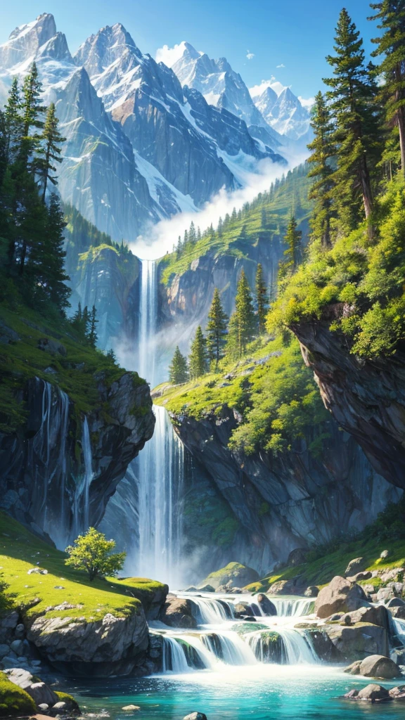 Create a hyper-realistic digital painting of a serene natural landscape. The scene should feature multiple cascading waterfalls flowing into a crystal-clear turquoise river. Surround the waterfalls with lush, dense greenery, including various shades of green to depict different types of foliage. In the background, include tall, majestic mountains with some snow-capped peaks. The sky should be bright blue with fluffy, white clouds scattered across it. Ensure the lighting highlights the vibrancy of the foliage and the clarity of the water, giving the entire scene a tranquil and refreshing atmosphere