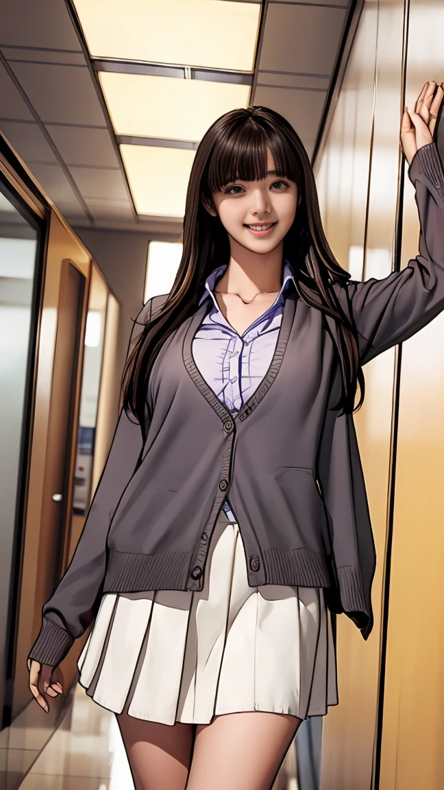 (masterpiece:1.2, Highest quality), (Realistic, photoRealistic:1.4), Beautiful illustrations, (Natural Side Lighting, Cinema Lighting),
View your viewers, Cowboy Shot, (From below), 1 Girl, Japanese, high school girl, Perfect Face, Cute and symmetrical face, Sunburn, Shiny skin,
(Long Hair), (Both sides up:1.2, Straight hair, Twin tails), (Light brown hair), Hair between the eyes, Blunt bangs, Big eyes, Slanted Eyes, (Golden Eyes), Long eyelashes, (Medium chest),
Beautiful Hair, Beautiful Face, Beautiful attention to detail, Beautiful clavicle, Beautiful body, Beautiful breasts, Beautiful thighs, Beautiful feet, Beautiful fingers,
(White collared shirt, Purple pleated skirt, cardigan, Dark red bow tie),
(Beautiful views), (School corridor:1.2), (Tilt your head, Raise your arms, wave hands), (Cute smile, Upward glance, Open your mouth),