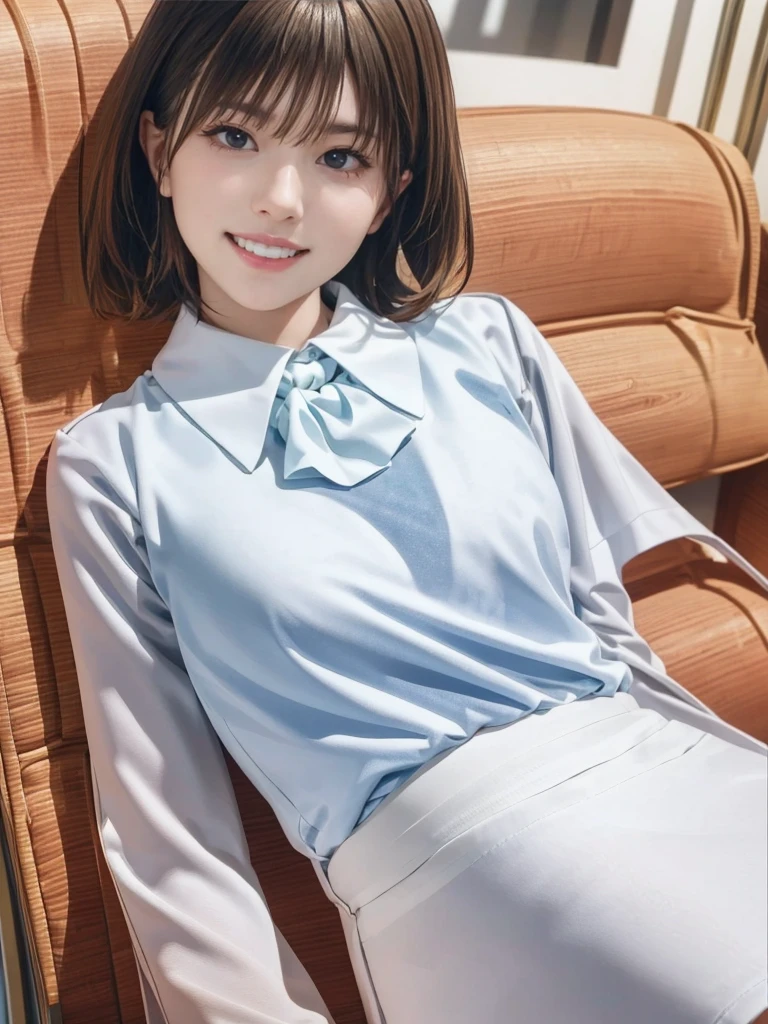 raw photo, 1girl, cute face, beautiful face, medium , collared blouse, White blouse, light smile, Upper body, detailed skin, pore, simple background, frontal face, wallpaper, photorealistic, anatomically correct, masterpiece, best quality, UHD