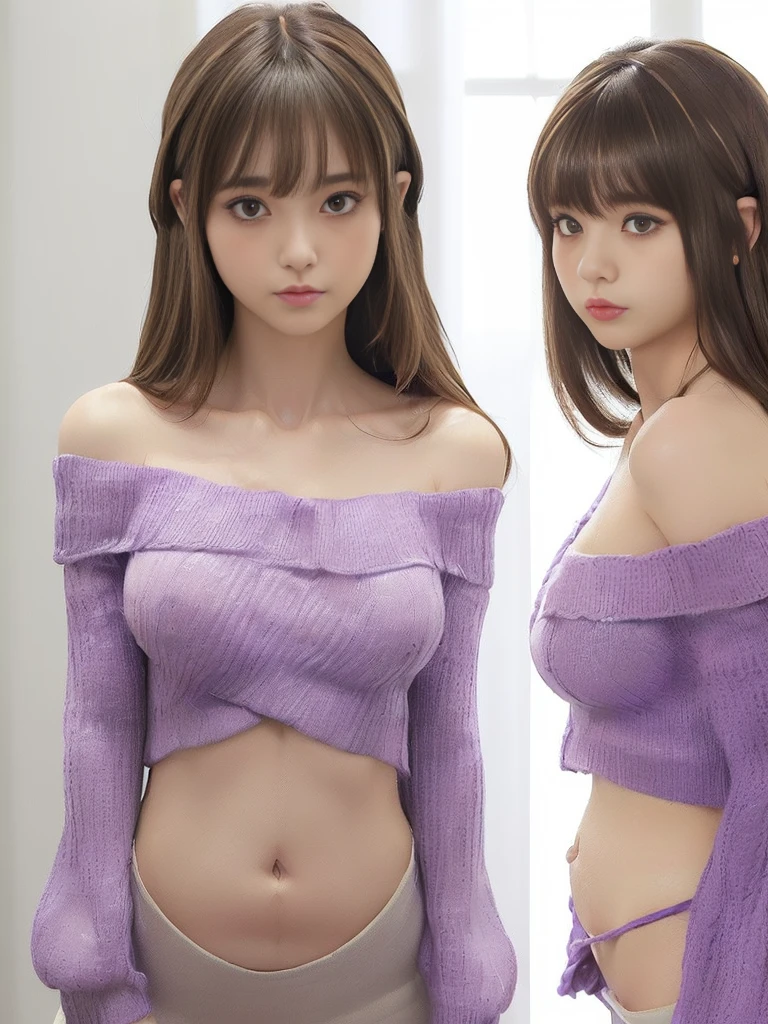 Anatomically normal、Japanese Idols、16K、Highest quality、Highest quality、Highest Resolution、Masterpiece、(Perfect Body Beauty:1.8)、(A perfect and beautiful figure with a beautiful whole body:1.8)、(Straight super long layered haircut:1.8)、(Straight long bangs:1.8)、Highly detailed face and skin texture、(A small face that is too symmetrical, too pretty, too cute:1.8)、(９Life-size small face:1.8)、Very big and beautiful eyes、Naturally lustrous, translucent white skin、(Super long straight hair with long layered bangs:1.8)、Brown hair color that is too bright and noticeable、(Thin, delicate and realistic small face:1.8)、(A purple off-the-shoulder knit sweater from a brand that is so short you can almost see under her bust.:1.8)、(The bust is never visible:1.8)、(The bottom of the bust is almost visible, but not completely.:1.8)、(Her slim waist and belly button are clearly visible:1.8)、bare clavicle、Naked shoulders、Deep cleavage、Thin and slender build、Too thin waist、Hourglass system、(Beautifully shaped, firm, large breasts:1.8)、(A plain navy denim miniskirt that&#39;s so short you can almost see her panties:1.8)、(Micro Mini:1.8)、(A miniskirt that is too short and is worn below the waist or below the belly button:1.8)、(A super mini skirt that is short enough to completely cover the panties. The panties are completely invisible.:1.8)、No anatomical abnormalities、(たった一人だけのOne girl:1.8)、solo、(Always be alone in the photo:1.8)、(One girl:1.8)、(No anatomical abnormalities:1.8)、(Only one person is in the picture:1.8)、No anatomical abnormalities、(She has fallen in love with the viewer and looks at him with loving eyes.:1.8)、Highly revealing、