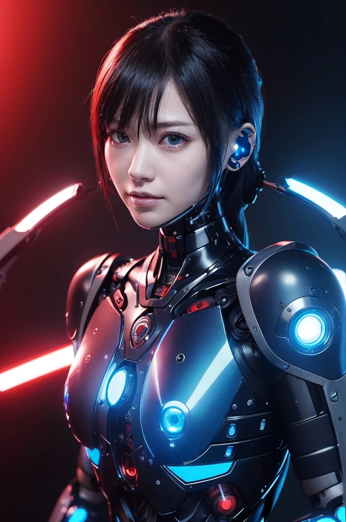 (((cyborgに改造されたエルフ))),right half is blue、left half red、cyborg,Machines are embedded in the body,whole body