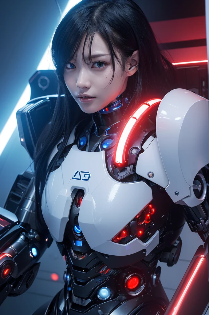 (((cyborgに改造されたエルフ))),right half is blue、left half red、cyborg,Machines are embedded in the body,whole body