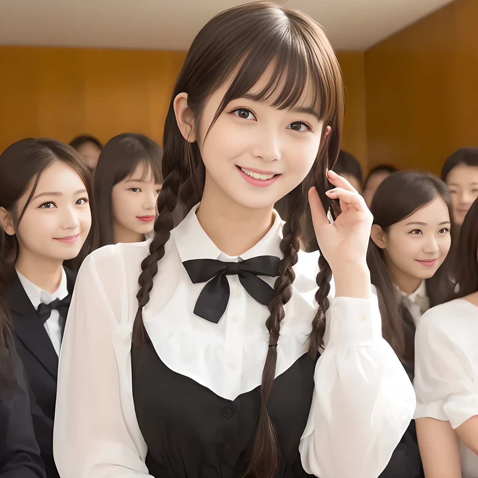 (highest quality, masterpiece:1.2), highest quality, High resolution, 1080P, 8K, Height: 158cm, ((A very intelligent, very noble, pretty and neat Japanese beautiful girl fashion model. . Looking at the audience. Realistic fashion model)), ((((White face with plump cheeks)))), Glossy lips, (Evenly cut bangs), ((Very beautiful dark eyes)), The very large, shiny, wide red ribbon bow-tie on her chest is very cute., ((Black Hair)), ((long twin braids)), (((Cream colored blouse))), A neat uniform, Very lustrous, glossy lips, Open hand over open mouth, Beautiful hair like a hair model, Cream colored long skirt, Watching the viewer and laughing, ((Incredibly well organized, The expression is rich. plump and beautiful skin and face)), ((Pure and clear eyes)), Long eyelashes, ((laughing at me!)), A ruffled blouse will highlight the shadows., Glossy Lips, Advertisement of Japanese girl's neat school fashion, ((noble and neat)), ((fascinating like succubus))