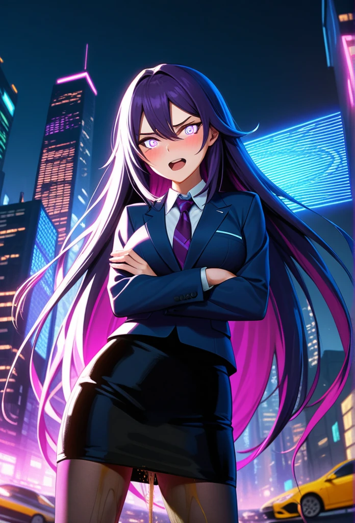 (high quality,Very detailed:1.37, High resolution), Woman, (very long hair:1.5), dark purple hair, purple eeyes, large breasts, (wetting herself:1.5), standing, business suit, necktie, (very long pencil skirt:1.5), pantyhose, (arms crossed:1.5), (embarrassed:1.5), (humiliation:1.5), (angry:1.25), (blushing:1.5), open mouth, Cyberpunk Style, Cyberpunk Cityscape, Neon Light, High-tech accessories, Meticulous details, (extremely detailed eys:1.37), Glowing LED pattern, Urban scenery, Futuristic elements, Mysterious Aura, ,Flying cars racing through the air, Holographic Advertising, Visually stunning architecture, Energetic and dynamic poses, Gives off a powerful aura, The cityscape reflected in her metallic eyes, Graceful movement amidst chaos, A moonlit sky with a futuristic hue, Pulsating Electronic Soundtrack, Enhanced Augmented Reality Overlays, Interacting with virtual objects in the environment