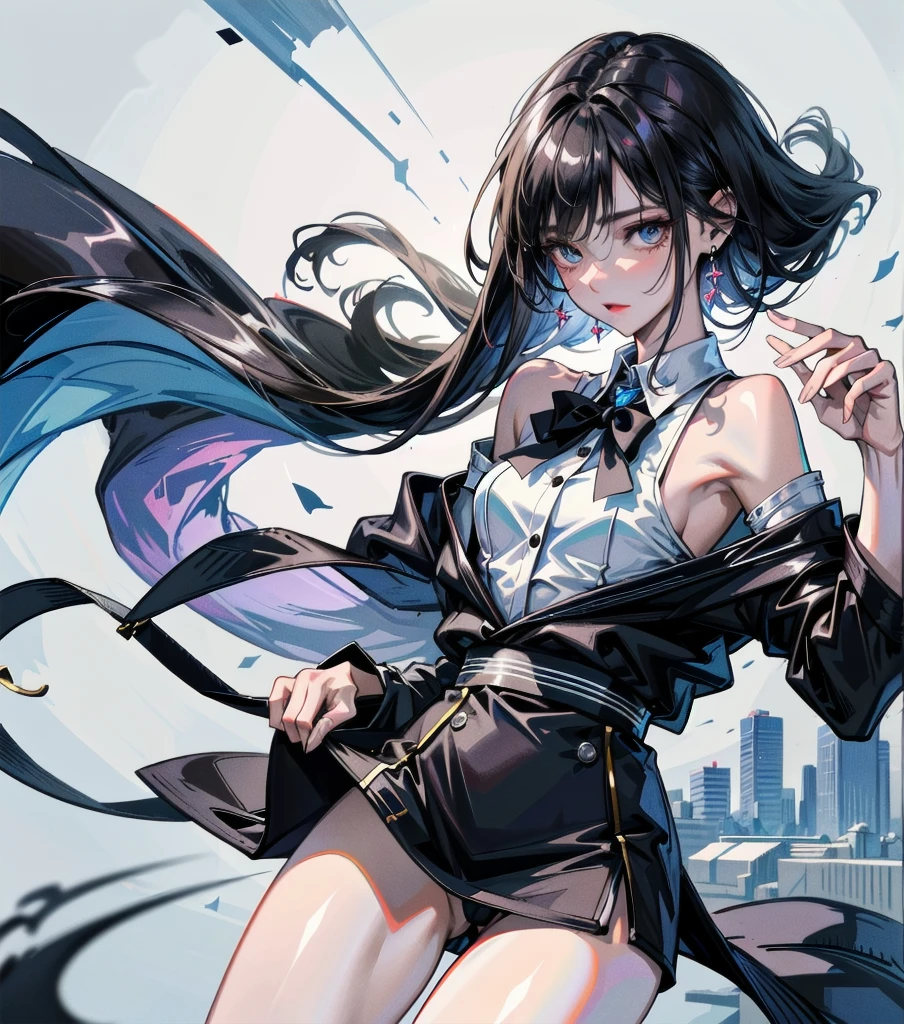 absurdres, RAW photo, extremely delicate and beautiful, masterpiece, Best Quality, ultra high resolution, 32k, hyperrealistic, ultra-detailed, perfect anatomy, super Detailed skin, perfect figure, Japanese woman, late 20s, very Slim body, narrow waist, very small head, handsome detailed woman, very detailed eyes and face, realistic face proportions, Stunning detailed eyes, Realistic beautiful face, very small face, Realistic small beautiful eyes, tearful mole, earring, beautiful and very thin legs, beautiful and very thin thighs, (very huge round breasts), medium hair, black hair, whole body shot, ((school_uniform)),