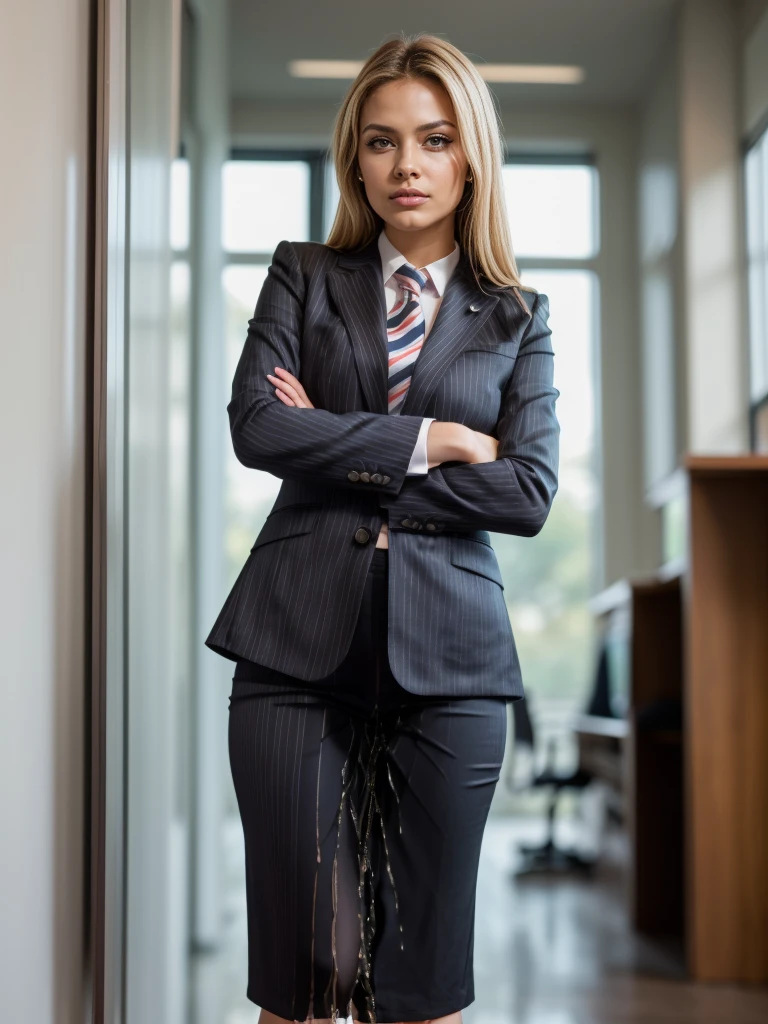 (masutepiece,High quality,16k:1.1),(depth of fields:1.3) ,((front body:1.35)), Ukrainian ,Woman, blonde,makeup,((business suit, black vertical striped pencil skirt )), voluptuous, thicc,(arms crossed:1.5) (wetting herself:1.5), (desperation:1.75),standing ,necktie peeing self, wetting her clothes