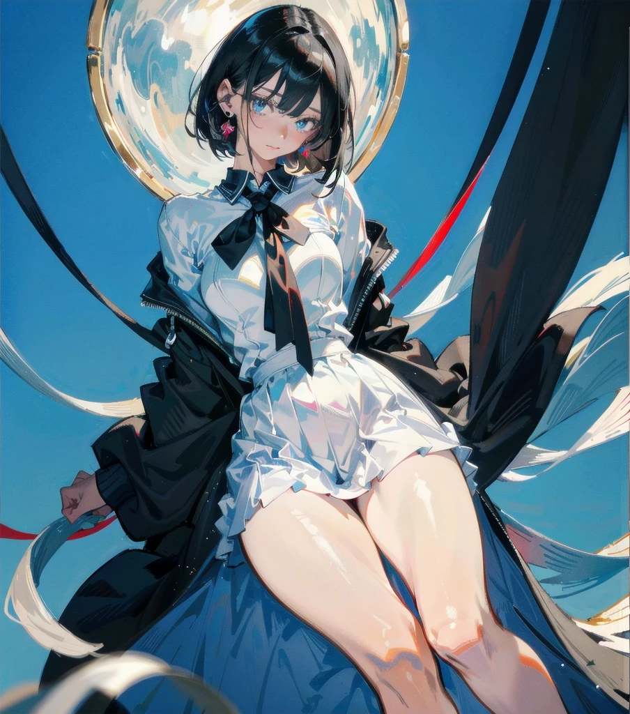 absurdres, RAW photo, extremely delicate and beautiful, masterpiece, Best Quality, ultra high resolution, 32k, hyperrealistic, ultra-detailed, perfect anatomy, super Detailed skin, perfect figure, Japanese woman, late 20s, very Slim body, narrow waist, very small head, handsome detailed woman, very detailed eyes and face, realistic face proportions, Stunning detailed eyes, Realistic beautiful face, very small face, Realistic small beautiful eyes, tearful mole, earring, beautiful and very thin legs, beautiful and very thin thighs, (very huge round breasts), medium hair, black hair, whole body shot, ((school_uniform)),
