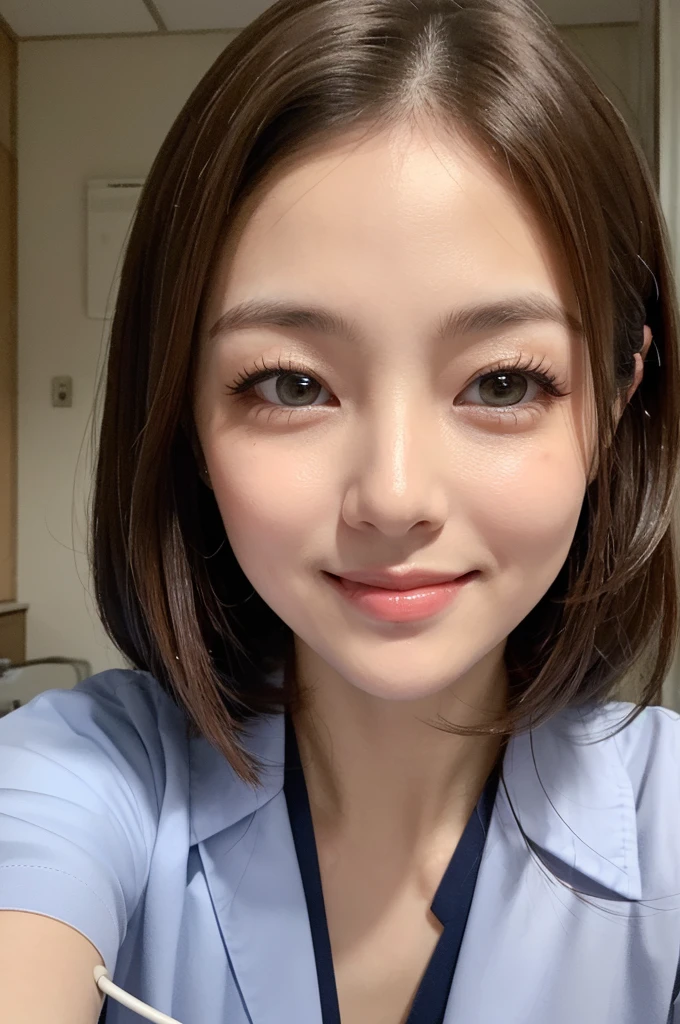 (1 Girl )、(Beautiful Japanese、45years old,round face、Refreshing、clear、seems kind、stylish、Pitiful、cute like an angel、cute、black eyes、(Single eyelid:1.3)、Beautiful skin), {(Japan human face:1.4),(General facial features)} , (((Beautiful breasts:0.4))),(((soft breasts))),(very cute),(updo, hair tendrils,brown hair,),(enchanting eyes),(highlight on eyes:1.2)、(8K、Live shooting、highest quality、masterpiece:1.2、optimal lighting)、((masterpiece)),(Photo taken by a professional photographer),(real、photo real:1.4),BREAK,((taraditional nurse uniform))},(cleavage:0.5)},( Smile),(cheeks are red:1.3), BREAK, hospital,Face shot:1.0、 face close-up,,(((1970s vibe)))、Hospital room,standing,Feeding the patient