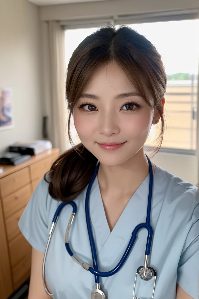 (1 Girl )、(Beautiful Japanese、45years old,round face、Refreshing、clear、seems kind、stylish、Pitiful、cute like an angel、cute、black eyes、(Single eyelid:1.3)、Beautiful skin), {(Japan human face:1.4),(General facial features)} , (((Beautiful breasts:0.4))),(((soft breasts))),(very cute),(updo, hair tendrils,brown hair,),(enchanting eyes),(highlight on eyes:1.2)、(8K、Live shooting、highest quality、masterpiece:1.2、optimal lighting)、((masterpiece)),(Photo taken by a professional photographer),(real、photo real:1.4),BREAK,((taraditional nurse uniform))},(cleavage:0.5)},( Smile),(cheeks are red:1.3), BREAK, hospital,Face shot:1.0、 face close-up,,(((1970s vibe)))、Hospital room,standing,Feeding the patient