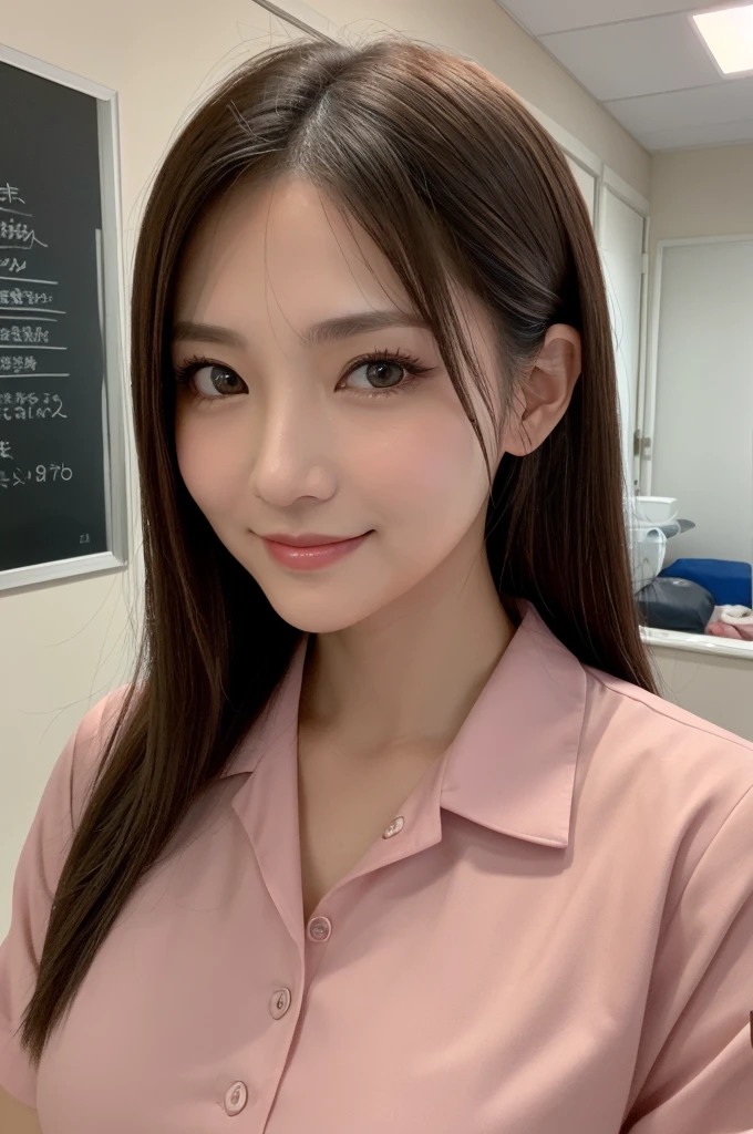 (1 Girl )、(Beautiful Japanese、45years old,round face、Refreshing、clear、seems kind、stylish、Pitiful、cute like an angel、cute、black eyes、(Single eyelid:1.3)、Beautiful skin), {(Japan human face:1.4),(General facial features)} , (((Beautiful breasts:0.4))),(((soft breasts))),(very cute),(updo, hair tendrils,brown hair,),(enchanting eyes),(highlight on eyes:1.2)、(8K、Live shooting、highest quality、masterpiece:1.2、optimal lighting)、((masterpiece)),(Photo taken by a professional photographer),(real、photo real:1.4),BREAK,((taraditional nurse uniform))},(cleavage:0.5)},( Smile),(cheeks are red:1.3), BREAK, hospital,Face shot:1.0、 face close-up,,(((1970s vibe)))、Hospital room,standing,Feeding the patient