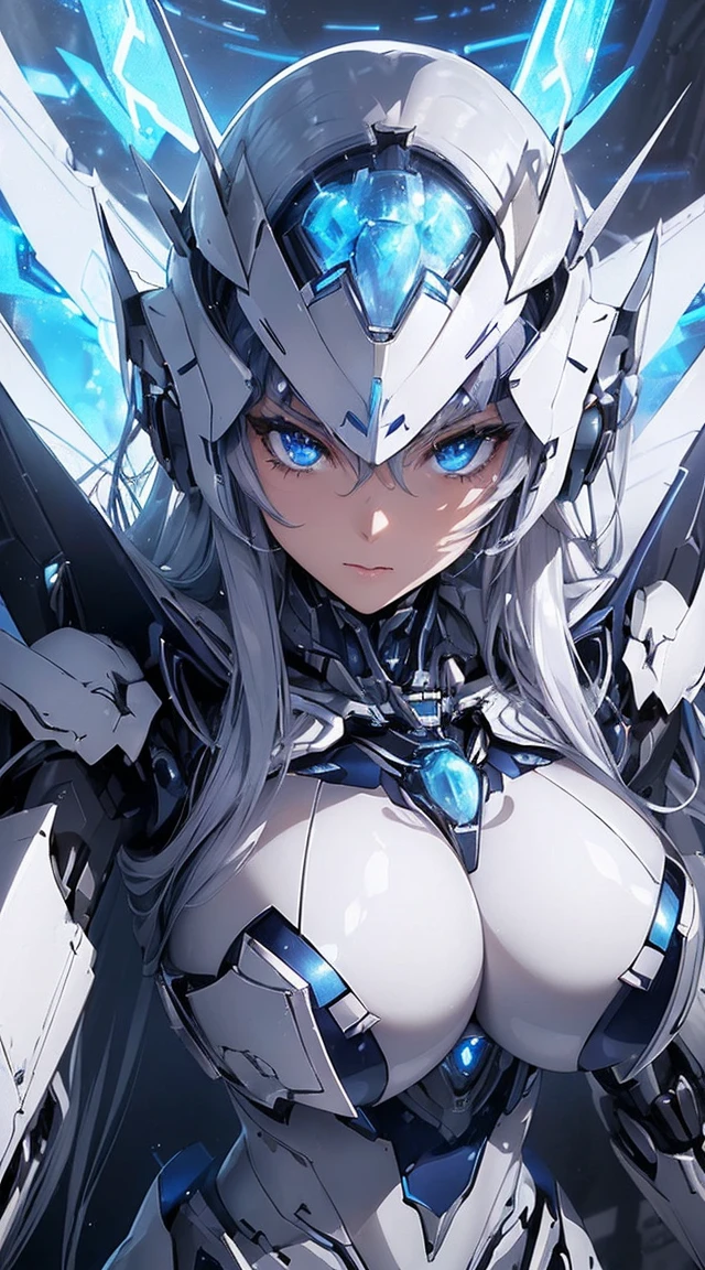 ((Extreme close up:1.6))、(((Lenses shining on both breasts:1.3)))、((Blue pillars of light radiate from both of his chests..:1.3))、break、(((Dynamic pose:1.8)))、smile、((8K)), ((32k)), ((Highest quality)), ((masterpiece)), ((超A high resolution)), ((Tmasterpiece)), ((Halation:1.4))、((Mechaニカルheadgear:1.2))、((Cyber Headphones:1.3))Fine skin, High quality fabric, High-quality metal texture、((Beautiful and dense face))、RAW Photos、Professional, Ultra-fine painting, ((alone)), Beautiful breasts、Highest quality, Very detailed, Very detailed詳細, Finer details, so beautiful, ((Princess Knight Robot:1.2)),  (Joint of the machine, Mechanical Limbs:1.3), (The internal structure of the machine is exposed:1.3), (Long silver hair:1.1), (Beautiful and huge mechanical breasts)、White Veil, cowboy_shot, Side Focus, headgear, Shiny、(Five Fingers, Four fingers and thumb),Concept Art, Anime fantasy artwork, Detailed fantasy art, (with pale blue-violet hair and large white wings,,,,,,,,), (((Long silver hair))), (Mecha:1.6)、Sleek and intimidating design, ((Commander-in-Chief&#39;arm)), (Perfect robot body)、純白と青紫のarmまたは, Symmetrical wings, 8K High Resolution, Detailed Art, 3D rendering of character art in 8K, neat legs, Defined, Defined fingers,((headshot:1.3))