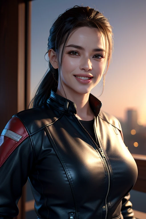 a gorgeous middle-aged busty woman, ponytail, leather jacket, lady bikers, motosport, beautiful smile showing teeth, pov, lover, cinematic lighting, (best quality,4k,8k,highres,masterpiece:1.2),ultra-detailed,(realistic,photorealistic,photo-realistic:1.37),HDR,UHD,studio lighting,ultra-fine painting,sharp focus,physically-based rendering,extreme detail description,professional,vivid colors,bokeh,portrait,photorealistic,cinematic,dramatic lighting