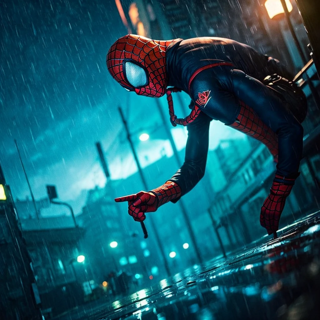 Make a cool spiderman scene, in rain, dark night, cyan and red light