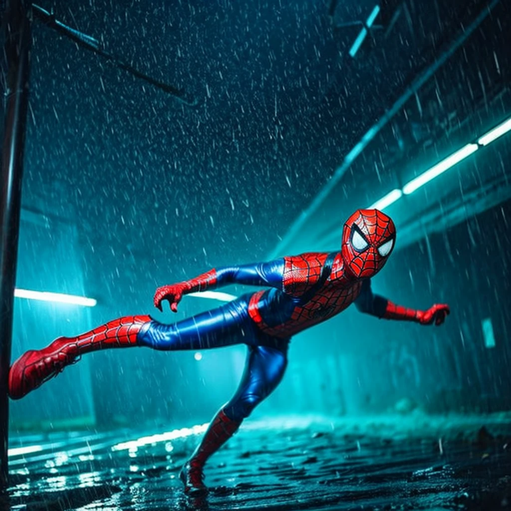 Make a cool spiderman scene, in rain, dark night, cyan and red light