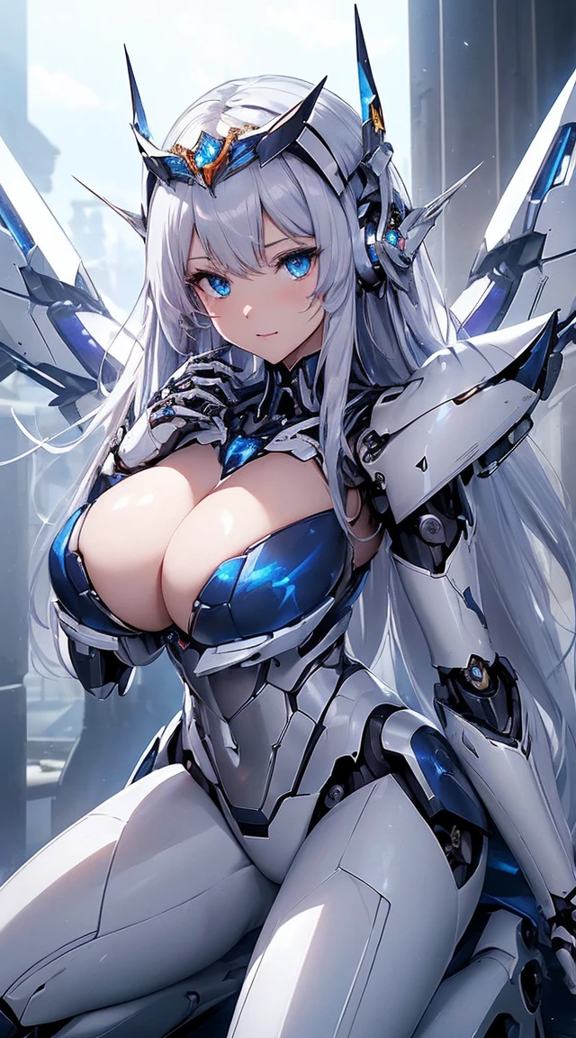 (Sit with one knee on the machine:1.6)、(Full body description:1.3)、((Shining lenses on both breasts:1.3))、((Blue pillars of light are emanating from both chests.:1.3))、smile、((8K)), ((32k)), ((Highest quality)), ((masterpiece)), ((超A high resolution)), ((Tmasterpiece)), ((Halation:1.4))、((Mechaニカルheadgear:1.2))、((Cyber Headphones:1.3))、Fine skin, High quality fabric, Fine metal texture、((Beautiful and dense face))、RAW Photos、Professional, Ultra-fine painting, ((alone)), Beautiful breasts、Highest quality, Very detailed, Very detailed詳細, Finer details, so beautiful, ((Princess Knight Robot:1.2)), (Joints of machines, Mechanical Limbs:1.3), (The internal structure of the machine is exposed:1.3), (Long silver hair:1.1), (Beautiful and huge mechanical breasts)、White Veil, cowboy_shot, Side Focus, headgear, Shiny、(Five Fingers, Four fingers and thumb),Concept Art, Anime fantasy artwork, Detailed fantasy art, (with pale blue-violet hair and large white wings,,,,,,,), (((Long silver hair))), (Mecha:1.6)、Sleek and intimidating design, ((Commander-in-Chief'arm)), (Perfect robot body)、純白と青紫armまたは, Symmetrical wings, 8K high quality, detailed art, 3D rendering of character art in 8K, neat legs, Defined, Defined fingers,