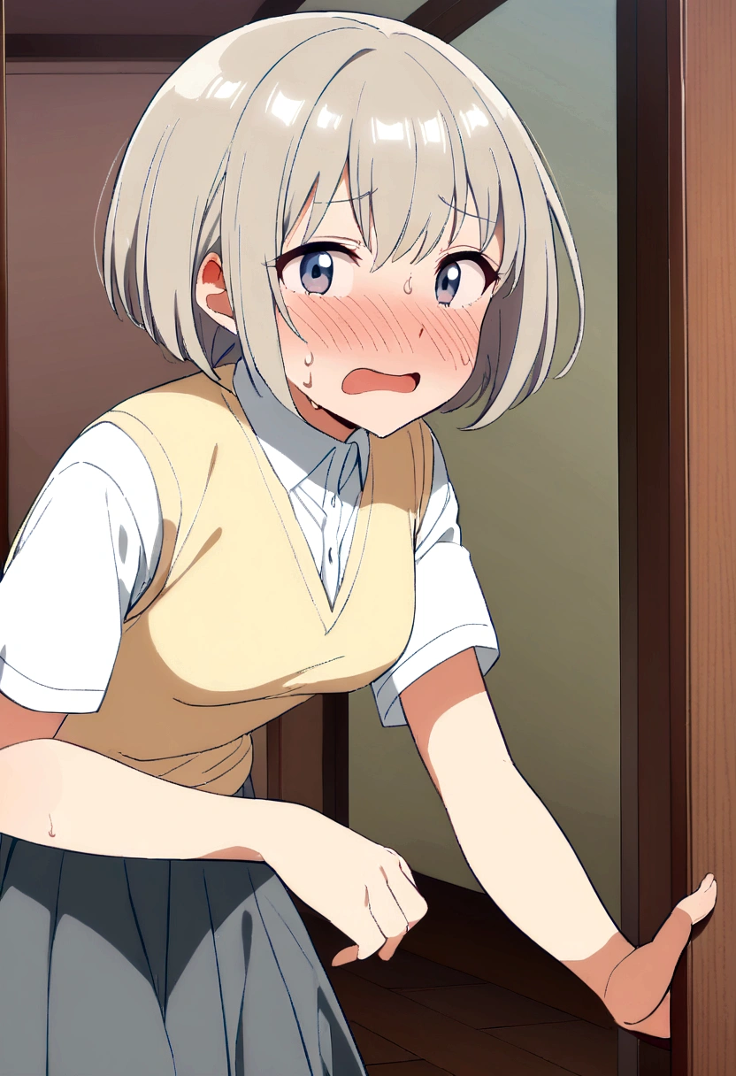 Smooth anime CG art、Focus Only、1 Girl、Side view、(((Grey Skirt)))、Sweater vest、Short sleeve、(((Small breasts)))、(((Sweat)))、Semi-short hair、(((Sweatをかいた)))、Watery eye、blush、(((Embarrassed look)))、((Open your mouth))、(((Are standing)))、((indoor))