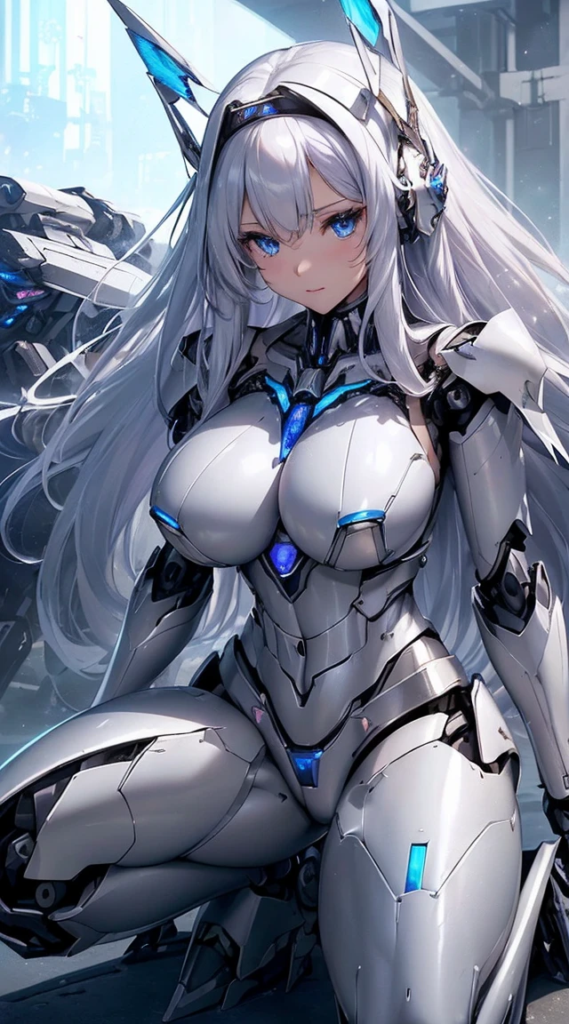 (Sit with one knee on the machine:1.6)、(Full body description:1.3)、((Shining lenses on both breasts:1.3))、((Blue pillars of light are emanating from both chests.:1.3))、smile、((8K)), ((32k)), ((Highest quality)), ((masterpiece)), ((超A high resolution)), ((Tmasterpiece)), ((Halation:1.4))、((Mechaニカルheadgear:1.2))、((Cyber Headphones:1.3))、Fine skin, High quality fabric, Fine metal texture、((Beautiful and dense face))、RAW Photos、Professional, Ultra-fine painting, ((alone)), Beautiful breasts、Highest quality, Very detailed, Very detailed詳細, Finer details, so beautiful, ((Princess Knight Robot:1.2)), (Joints of machines, Mechanical Limbs:1.3), (The internal structure of the machine is exposed:1.3), (Long silver hair:1.1), (Beautiful and huge mechanical breasts)、White Veil, cowboy_shot, Side Focus, headgear, Shiny、(Five Fingers, Four fingers and thumb),Concept Art, Anime fantasy artwork, Detailed fantasy art, (with pale blue-violet hair and large white wings,,,,,,,), (((Long silver hair))), (Mecha:1.6)、Sleek and intimidating design, ((Commander-in-Chief'arm)), (Perfect robot body)、純白と青紫armまたは, Symmetrical wings, 8K high quality, detailed art, 3D rendering of character art in 8K, neat legs, Defined, Defined fingers,