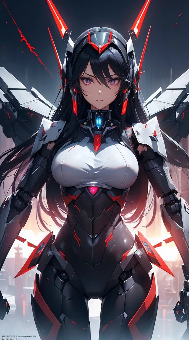 ((Shining lenses on both breasts:1.3))、((Pillars of red light radiate from both chests..:1.3))、((Attack pose:1.6))、((He has a red sword and a long rifle:1.6))、((Battle Scenes:1.8))、((8K)), ((32k)), ((Highest quality)), ((masterpiece)), ((超A high resolution)), ((Tmasterpiece)), ((Halation:1.4))、((Mechaニカルheadgear:1.2))、((Cyber Headphones:1.3))Fine skin, High quality fabric, High-quality metal texture、((Beautiful and dense face))、RAW Photos、Professional, Ultra-fine painting, ((alone)), Beautiful breasts、Highest quality, Very detailed, Very detailed詳細, Finer details, so beautiful, ((Black Knight Robot:1.2)), (Joint of the machine, Mechanical Limbs:1.3), (The internal structure of the machine is exposed:1.3), (Long black hair:1.1), (Beautiful and huge mechanical breasts)、White Veil, cowboy_shot, Side Focus, headgear, Shiny、(Five Fingers, Four fingers and thumb),Concept Art, Anime fantasy artwork, Detailed fantasy art, (Has light blue-purple hair and black wings,,,,,,), (((Long black hair))), (Mecha:1.6)、Sleek and intimidating design, (Jet black perfect robot body)、Jet black and reddish purple arms, Symmetrical wings, 8K High Resolution, Detailed Art, 3D rendering of character art in 8K, neat legs, Defined, Defined fingers,((headshot:1.6))
