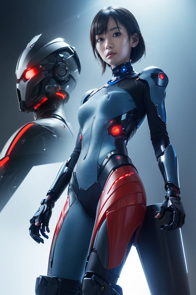 (((whole body))),(((cyborgに改造されたエルフ))),right half is blue、left half red、cyborg,Machines are embedded in the body,
