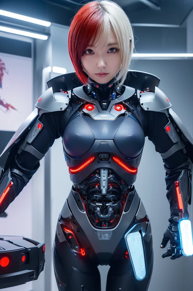 (((whole body))),(((cyborgに改造されたエルフ))),right half is blue、left half red、cyborg,Machines are embedded in the body,