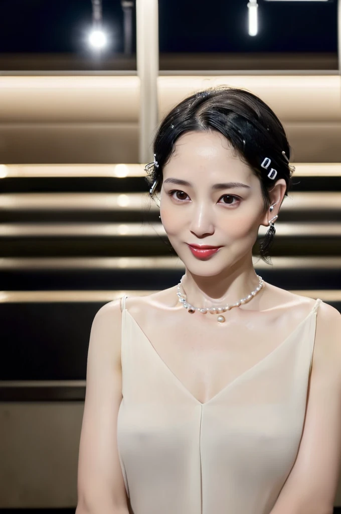 (((Ultimate Photorealistic, ultimate high-quality 32k photo))),(((Front-on photo、cowboy-shot photo, looking at viewer))),(((( Seductive pose, 7 heads、Staring Intently :1.8)))),(((A pure white business blouse with a wide V-neck and extremely thin fabric., Soaking wet、She is looking straight at the camera with a very shy look on her face.。light makeup、A simply styled, lustrous, short black haircut。A very simple and very modest pearl necklace 1.4)))。((Highest quality)), ((masterpiece)), (((detailed))), (midnight ,A modern train station platform in Tokyo on a dark, pouring, stormy night, Low Key Lighting:1.6)、(((A very beautiful, extremely elegant and intelligent 39-year-old Japanese woman。Very intelligent and plump。An extremely elegant, calm and modest smile, Being drunk、My eyes are quite watery、I'm very horny、embarrassed ,blush, Curvy Body、Extremely realistic, detailed and beautiful depiction of the face and waist:1.9)))、(((The skin is white and very smooth。A very hot rainy summer night、I'm pretty sweaty、My clothes were soaked and pretty see-through.、When wet, it sticks tightly to the skin, revealing the beautiful lines of the body.、Through the extremely thin fabric, her skin and her navy blue, lacy, high-end underwear are clearly visible.:1.9)))。(((A simple and elegant business pencil skirt in a plain navy blue knee-length,The clothes fit the body very well:1.8))), ((Healthy Body、The line of the chest, collarbone and décolletage are extremely beautiful.:1.9))。(((large&good hips、large&nice chests )))