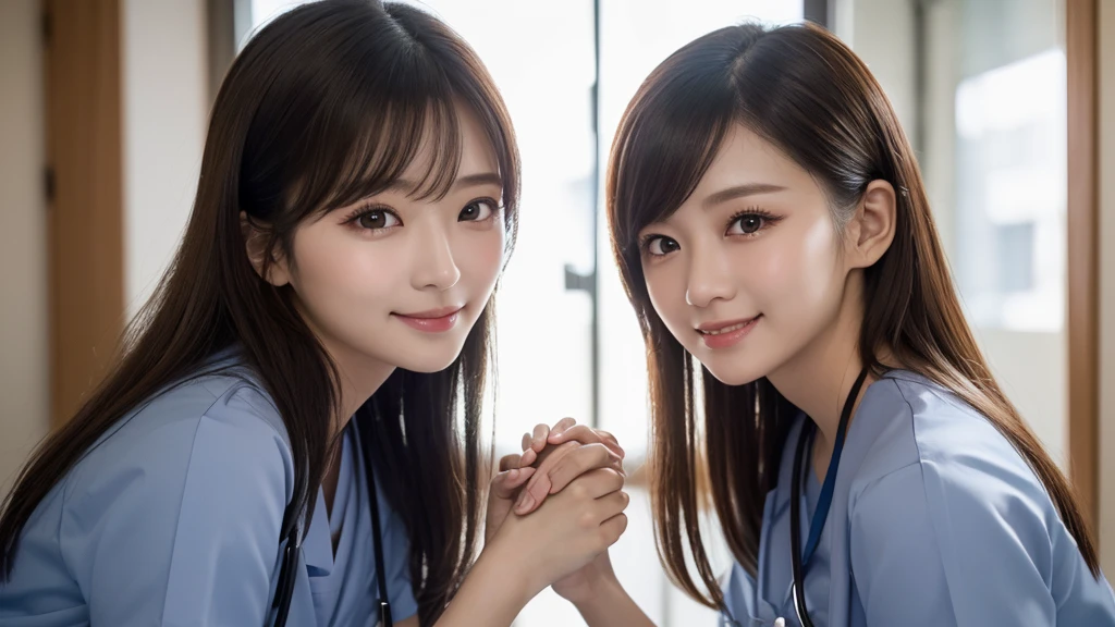 (2 Girls )、(Beautiful Japanese、30years old,round face、Refreshing、clear、seems kind、stylish、Pitiful、cute like an angel、cute、black eyes、(Single eyelid:1.3)、Beautiful skin), {(Japan human face:1.4),(General facial features)} , (((Beautiful breasts:0.4))),(((soft breasts))),(very cute),(updo, hair tendrils,brown hair,),(enchanting eyes),(highlight on eyes:1.2)、(8K、Live shooting、highest quality、masterpiece:1.2、optimal lighting)、((masterpiece)),(Photo taken by a professional photographer),(real、photo real:1.4),BREAK,((taraditional nurse uniform))},(cleavage:0.5)},( Smile),(cheeks are red:1.3), BREAK, hospital,Face shot:1.0、 face close-up,,(((1970s vibe)))、Hospital corridor,dynamic angle,,standing,Holding hands on patient's body