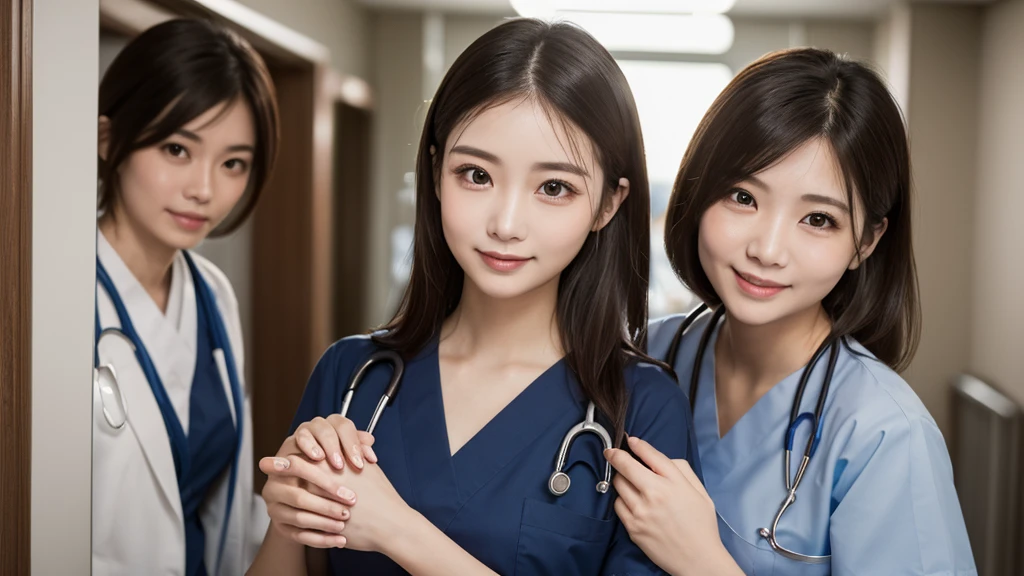 (2 Girls )、(Beautiful Japanese、30years old,round face、Refreshing、clear、seems kind、stylish、Pitiful、cute like an angel、cute、black eyes、(Single eyelid:1.3)、Beautiful skin), {(Japan human face:1.4),(General facial features)} , (((Beautiful breasts:0.4))),(((soft breasts))),(very cute),(updo, hair tendrils,brown hair,),(enchanting eyes),(highlight on eyes:1.2)、(8K、Live shooting、highest quality、masterpiece:1.2、optimal lighting)、((masterpiece)),(Photo taken by a professional photographer),(real、photo real:1.4),BREAK,((taraditional nurse uniform))},(cleavage:0.5)},( Smile),(cheeks are red:1.3), BREAK, hospital,Face shot:1.0、 face close-up,,(((1970s vibe)))、Hospital corridor,dynamic angle,,standing,Holding hands on patient's body