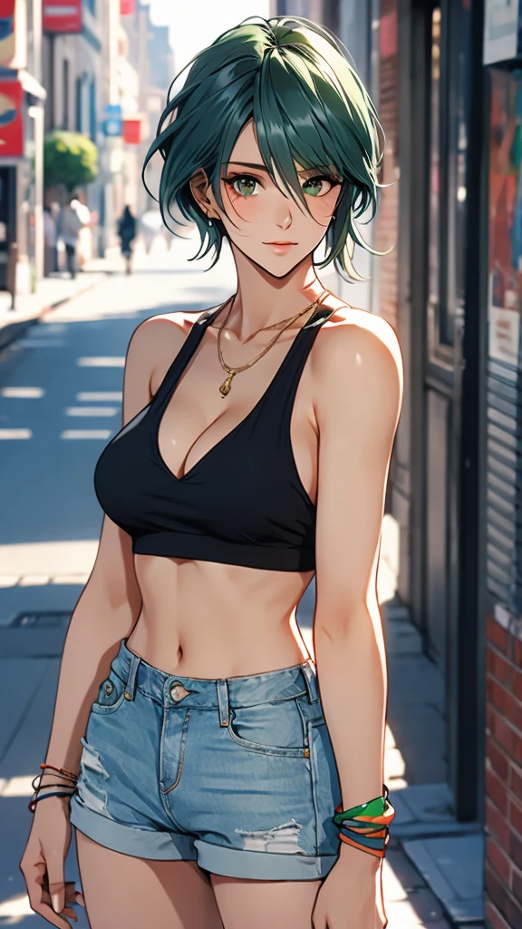 1 Female, Tamaki, green short hair, hair between eyes, Street fashion, sunglasses