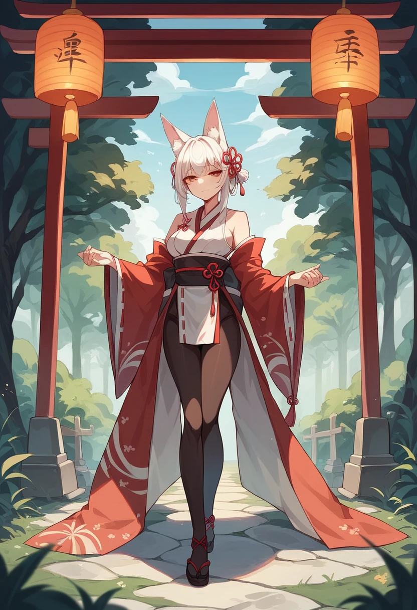 NSFW,Japanese girl,White Hair,Fox ears,A very revealing shrine maiden outfit,Full body black tights