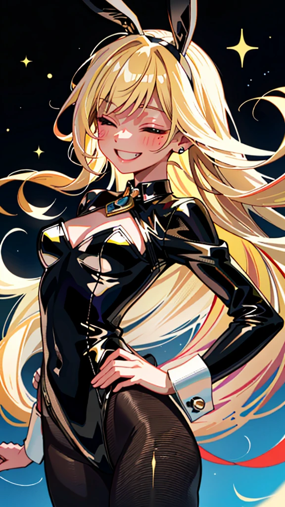 1 Female\(cute, cute,(Little),alone,18-year-old,Skin color is white,(Big smile:1.3),Half-closed eyes,Open your mouth,Hair is floating,Hair Color: Blonde,Long Hair,Eye color is cosmic,chest,Black bunny suit,Black leotard,Black rabbit ears,Bunny&#39;s Tail,Wrist cuff,Detachable collar,Black ribbon tie,Fishnet tights,Black High Heels,Rabbit Pose,Raise the hand,(whole body:0.6),Caramel Dance\), break ,background\(Simple,internal,colorful,cute room,Girlish,heart\), break ,quality\(8K,非常に精細なCGユニットのwallpaper, masterpiece,High resolution,top-quality,top-quality real texture skin,Surreal,Increase the resolution,RAW Photos,最高quality,Very detailed,wallpaper,Cinema Lighting,Ray-tracing,Golden Ratio\),(close:0.6),Better Hands,5 fingers on each hand,[Browsing Caution:1.5]