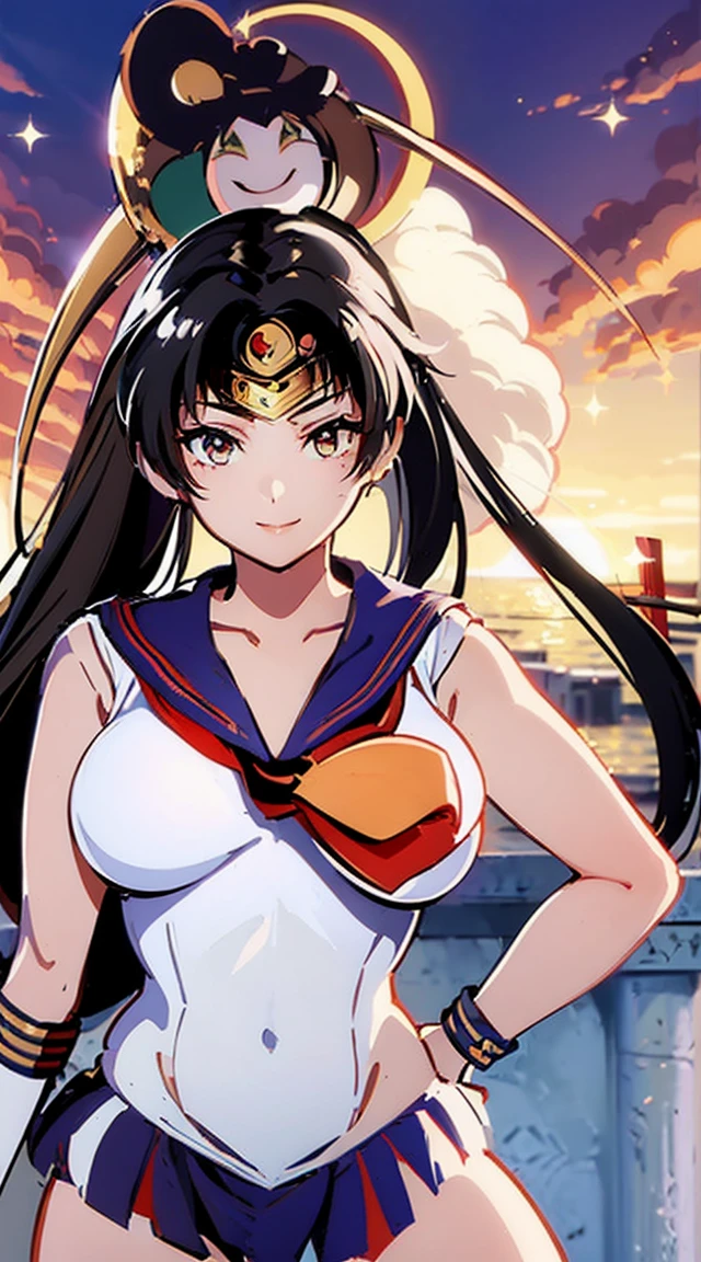 (((Sailor Pluto:1.6)))、smile, View your viewers, (((Sailor Warrior Uniforms:1.8))), skirt, gloves、((8K)), ((32k)), ((Highest quality)), ((masterpiece)), ((超High resolution)), ((Tmasterpiece)), (((head shot:1.6)))、((8K)), ((32k)), ((Highest quality)), ((masterpiece)), ((超High resolution)), Fine skin、Expose your shoulders、魅惑的なsmile、Brown Hair, Brown eyes, Long and high ponytail, hair band, 1 person、Age 25, Japanese Mature, beautiful指, beautiful長い脚, beautiful体, beautiful鼻, beautifulキャラクターデザイン, Perfect Eyes, Perfect Face, jewelry, See through, smile、hair ornaments, king of fighters、 (Tabletop, Highest qualityの, Highest quality, beautifully、beautiful: 1.2), Very detailed, More detailed,適切な体のProfessionalポーション,Tabletop,Ultra-high quality output images,High resolution,Intricate details,Very delicate and beautiful hair,Realistic photos,dream-like,Professionalの照明,Realistic Shadows,Focus Only, (Big Breasts:1.2,) , フローティングskirtFine skinの質感, High quality fabric, High quality metallic texture、((Beautiful and dense face))、RAW Photos、Professional, Ultra-fine painting, ((alone)), beautiful胸、Highest quality, Very detailed, Very detailed詳細, Finer details, so beautiful,(Five Fingers, Four fingers and thumb),Concept Art, Anime fantasy artwork, Detailed fantasy art,8KHigh resolution, Detailed Art, 8 Slim legs, Defined, Defined fingers