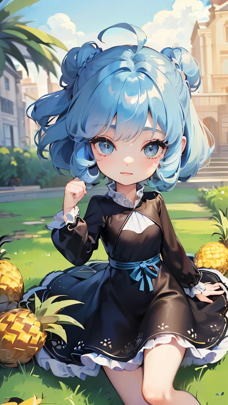 ((style:Colored pencil,pale colour)),(Chibi animation、One Chibi、masterpiece、Colored pencilで描かれた:1.2)、(Chibi Body、Small face、Cute all over、Light blue hair color, Short chignon hair:1.4),(Highly detailed eyes、Light blue eyes、Breast enlargement、Gloss Lip、 :3, Ahoge, Very thin legs)、(Big fresh pineapple:1.5)、(The daily life of the nobility、The best clothes for chibi characters、National costume、Dress stylishly:1.5),(Beautiful scenery in Europe、The wind is blowing、Pineapple Tower Top Floor Room、Midnight Scene、Queen、Lying down、Micro underwear accidentally seen:1.3)