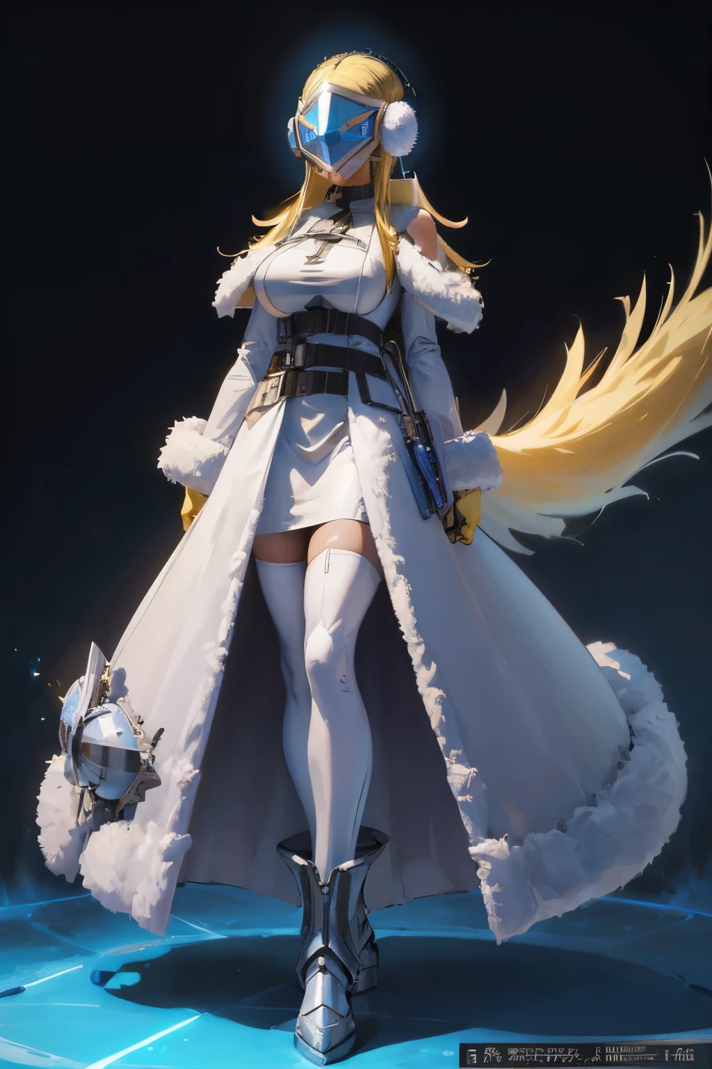  Charming Angel Digimon, Digimon Sandrimon,  Simple Futuristic Cyborg Empress, Queen of Ice and Storm, masterpiece, Highest quality, 4K, Ultra-high resolution,(Face Shield:1.5),(Blonde:1.7),White fur coat,gigantic breast,boots,A LED display mask that covers the entire face,(Mature Woman:1.7),belt,No sleeve,(battle態勢:1.7),(Hiding his face with a shade:1.5),Sleek design,Cinderella,Thimble gloves,Footwork,battle,tall,solo,Cyber earmuffs,Luxurious white fur,no weapons,I have nothing in my hands,Not carrying a weapon,(Coat half off:1.4),Tight Skirt,Long legs,Beautiful feet