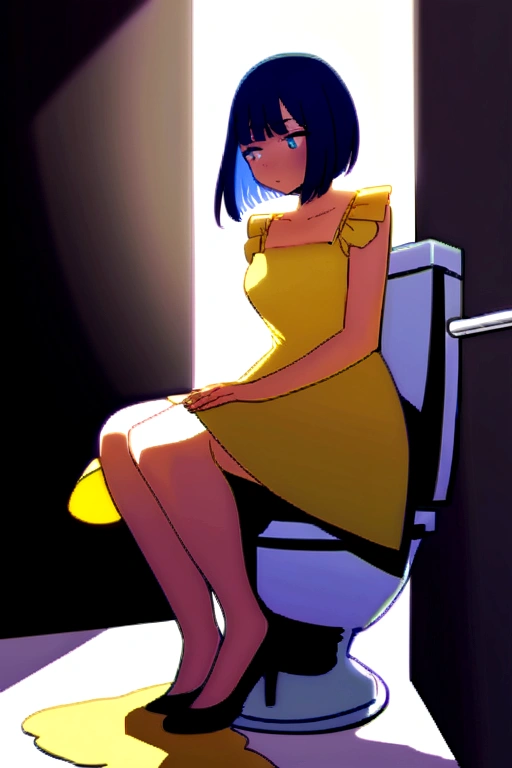 woman with short blue hair yellow floral dress. she is peeing on toilet.