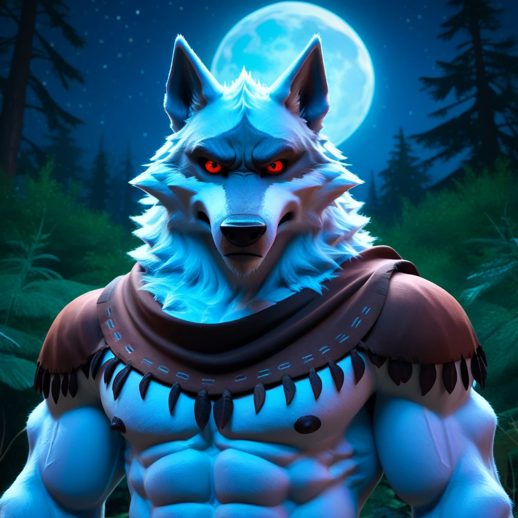 score_9, score_8_up, score_7_up, rating_rule34,source_furry,anthro,source_3D,
white wolf, red eyes, muscular, Looking at the viewer, serious expression, Night forest with full moon, Cinematic, Unreal Engine, Tribal tattoos, and tribal Indian clothes,