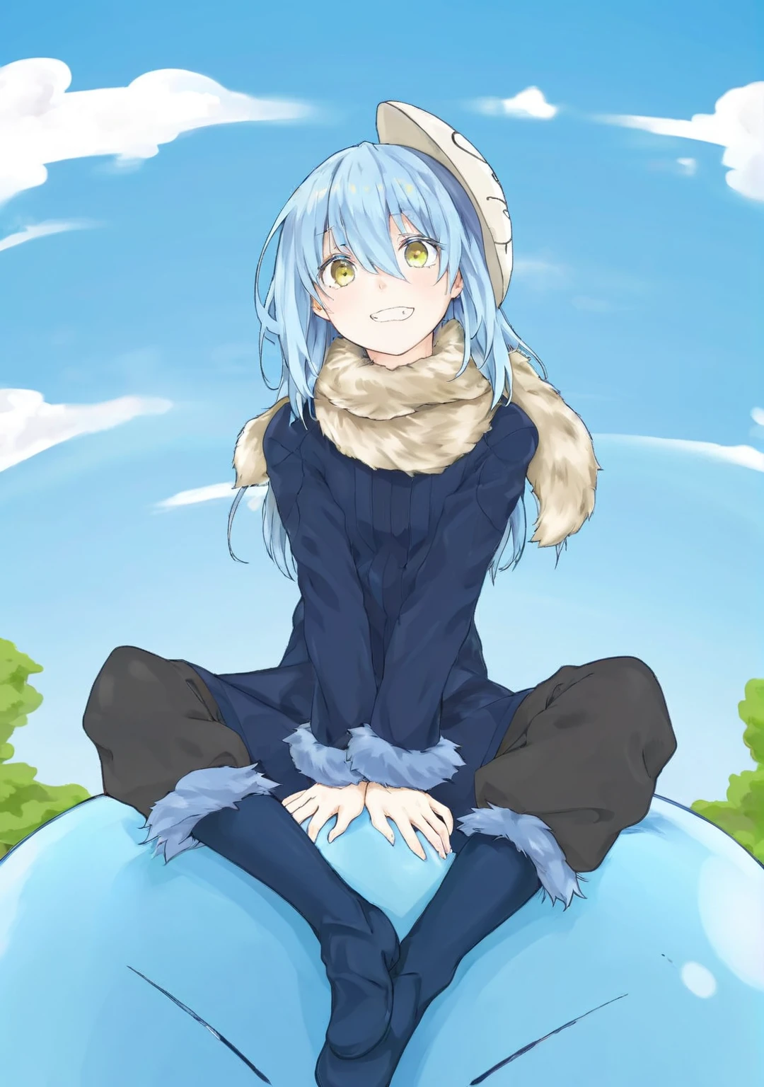 Anime girl wearing a furry hat sitting on a blue ball, Rimuru, Rimuru tempest, Reincarnation as a Slime, full face shot of Rimuru tempest, Reincarnation of Shitara Slime Datakken, profile shot of Rimuru tempest, Rimuru and milim, Anime cute art style, Rogue anime girl Rei Ayanami, cold