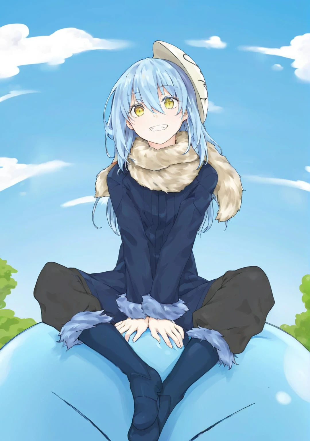 Anime girl wearing a furry hat sitting on a blue ball, Rimuru, Rimuru tempest, Reincarnation as a Slime, full face shot of Rimuru tempest, Reincarnation of Shitara Slime Datakken, profile shot of Rimuru tempest, Rimuru and milim, Anime cute art style, Rogue anime girl Rei Ayanami, cold