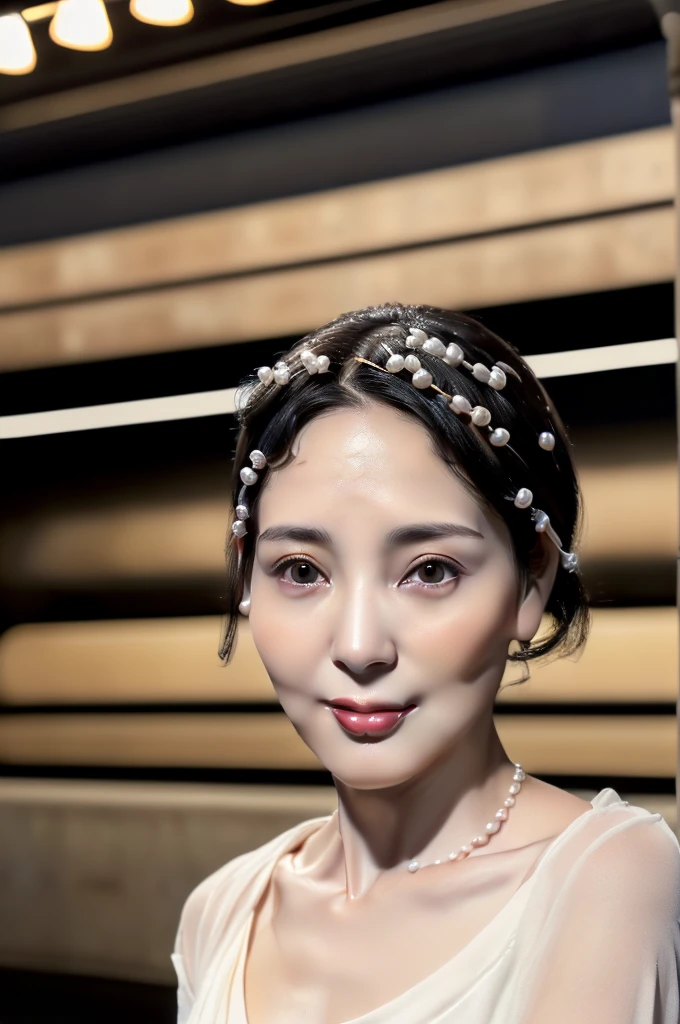 (((Ultimate Photorealistic, ultimate high-quality 32k photo))),(((Front-on photo、cowboy-shot photo, looking at viewer))),(((( Seductive pose, 7 heads、Staring Intently :1.8)))),(((A pure white business blouse with a wide V-neck and extremely thin fabric., Soaking wet、She is looking straight at the camera with a very shy look on her face.。light makeup、A simply styled, lustrous, short black haircut。A very simple and very modest pearl necklace 1.4)))。((Highest quality)), ((masterpiece)), (((detailed))), (midnight ,A modern train station platform in Tokyo on a dark, pouring, stormy night, Low Key Lighting:1.6)、(((A very beautiful, extremely elegant and intelligent 39-year-old Japanese woman。Very intelligent and plump。An extremely elegant, calm and modest smile, Being drunk、My eyes are quite watery、I'm very horny、embarrassed ,blush, Curvy Body、Extremely realistic, detailed and beautiful depiction of the face and waist:1.9)))、(((The skin is white and very smooth。A very hot rainy summer night、I'm pretty sweaty、My clothes were soaked and pretty see-through.、When wet, it sticks tightly to the skin, revealing the beautiful lines of the body.、Through the extremely thin fabric, her skin and her navy blue, lacy, high-end underwear are clearly visible.:1.9)))。(((A simple and elegant business pencil skirt in a plain navy blue knee-length,The clothes fit the body very well:1.8))), ((Healthy Body、The line of the chest, collarbone and décolletage are extremely beautiful.:1.9))。(((large&good hips、large&nice chests )))