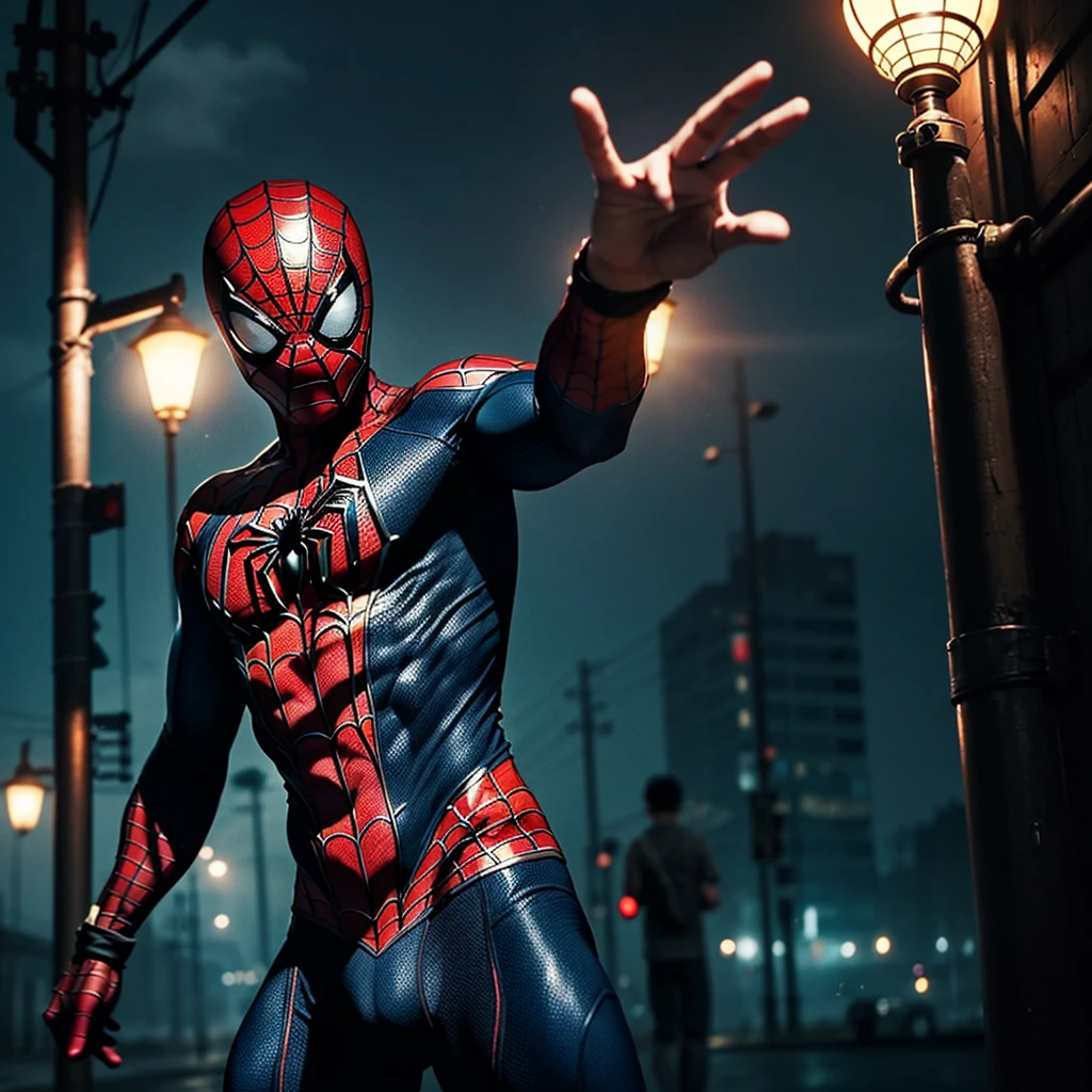 Make a cool spiderman scene, in rain, dark night, cyan and red light,cool pose