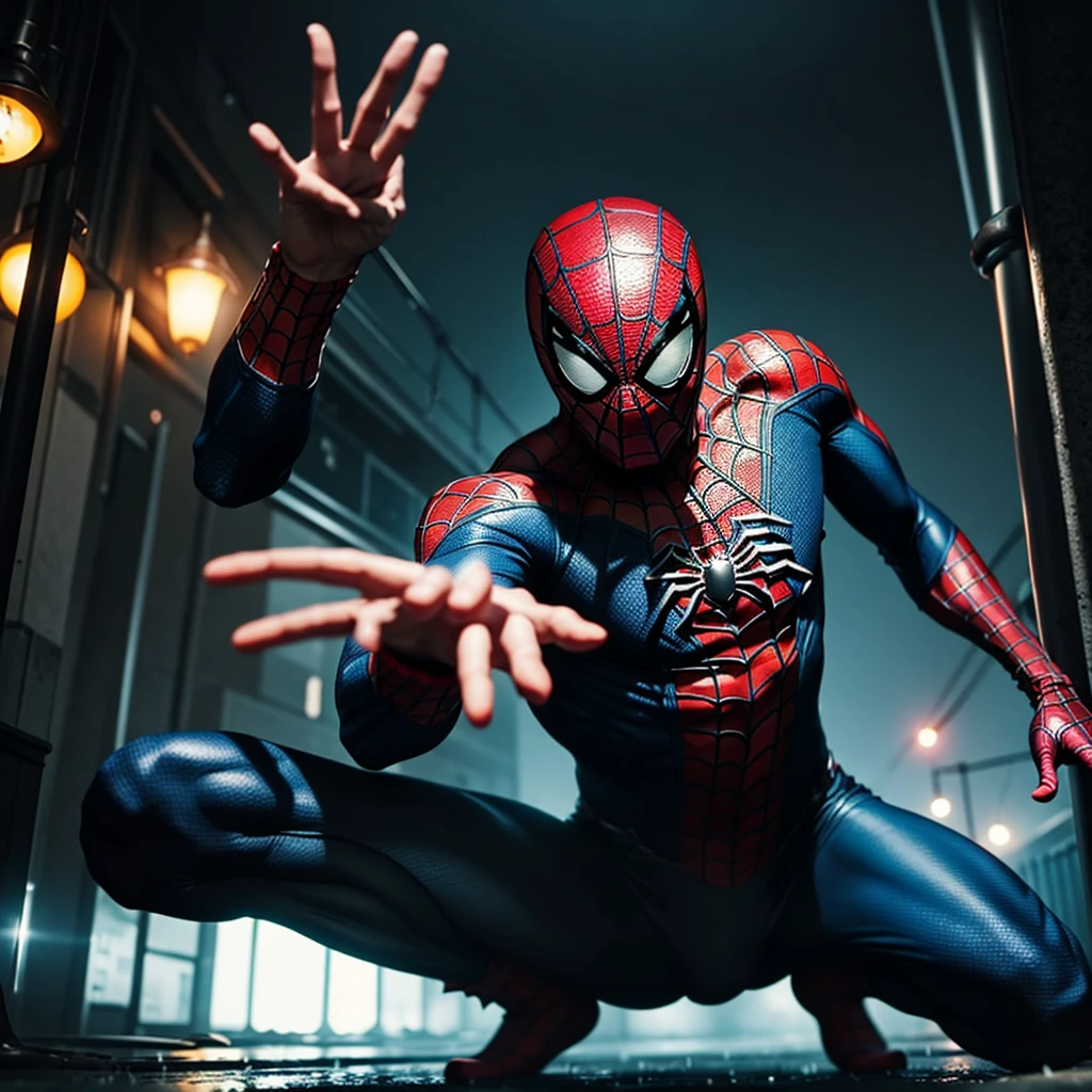 Make a cool spiderman scene, in rain, dark night, cyan and red light,cool pose