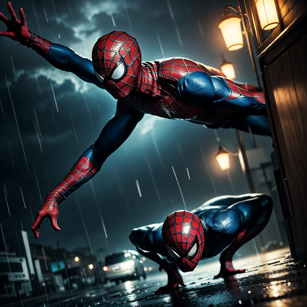 Make a cool spiderman scene, in rain, dark night, cyan and red light,cool pose