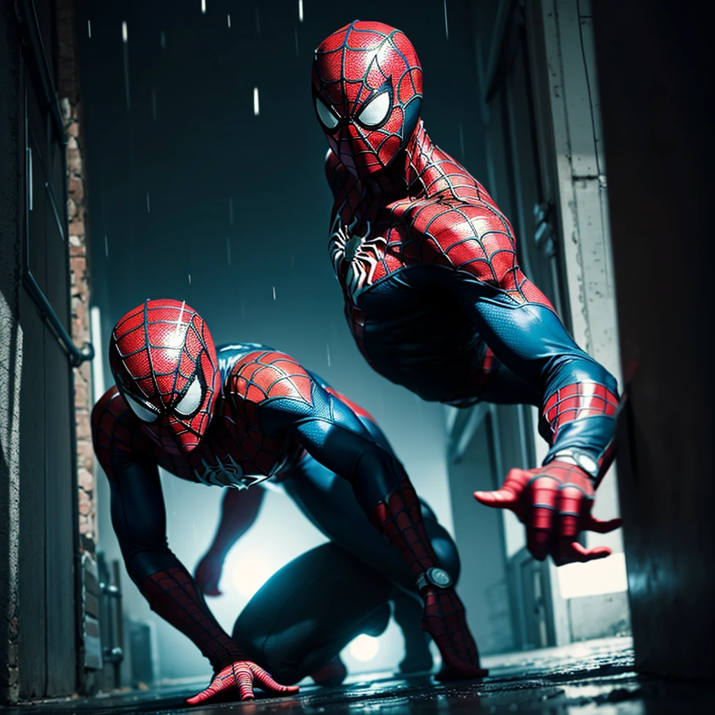 Make a cool spiderman scene, in rain, dark night, cyan and red light,cool pose