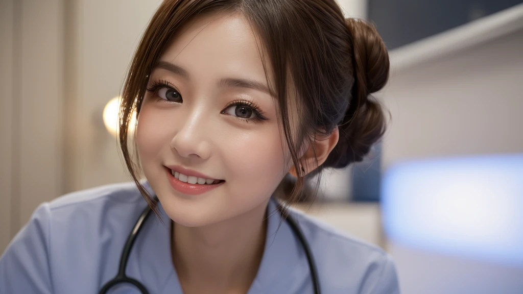 (1 Girl )、(Beautiful Japanese、35years old,round face、Refreshing、clear、seems kind、stylish、Pitiful、cute like an angel、cute、black eyes、(Single eyelid:1.3)、Beautiful skin), {(Japan human face:1.4),(General facial features)} , (((Beautiful breasts:0.4))),(((soft breasts))),(very cute),((((updo))), hair tendrils,brown hair,),(enchanting eyes),(highlight on eyes:1.2)、(8K、Live shooting、highest quality、masterpiece:1.2、optimal lighting)、((masterpiece)),(Photo taken by a professional photographer),(real、photo real:1.4),BREAK,((taraditional nurse uniform))},(cleavage:0.5)},( Smile),(cheeks are red:1.3), BREAK, hospital,Face shot:1.0、 face close-up,,(((1970s vibe)))、Hospital room,standing,Feeding the patient