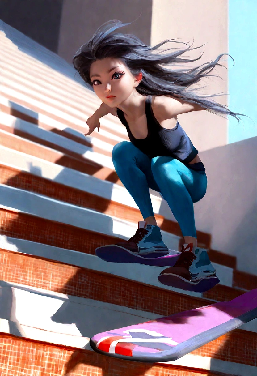 a woman on a skateboard jumping down a flight of stairs, inspired by Rossdraws, digital illustration, beautiful detailed eyes, beautiful detailed lips, extremely detailed eyes and face, long eyelashes, detailed digital illustration, dynamic pose, mid-air, adrenaline, motion blur, studio lighting, highly detailed, vibrant colors, cinematic lighting, dramatic shadows, photorealistic, 8k, hyperrealistic, digital painting, concept art, dynamic composition, masterpiece